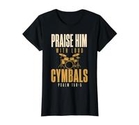 Drummer Praise Him with Loud Cymbals Drumming Christian Camiseta gráfica económica, Mujer, Negro, M