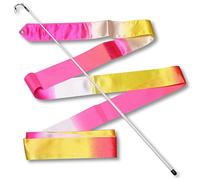 DRUNA Cinta de Gimnasia Rítmica, Cinta para Entrenamiento, Baile, Baile Artístico, Danza, con Varilla 56 cm Indigo Blanco- Amarillo- Rosa (4,0 MTS)