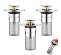 Druuzyl 3 Piezas Tapon Lavabo Universal 34-40mm Tapón de Lavabo Universal Pop Up, Lavabo Baño en Acero Inoxidable Tapón Colador, Tapón Colador con Colador de Pelo para Bañera, Cocina