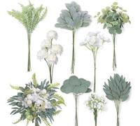 Druuzyl 65 Ramas Artificiales Verdes con Flores Blancas - Plantas Falsas Decorativas para Bodas, Centros de Mesa y Arreglos Florales, Tallos Flexibles para Ramos DIY (Set Completo)