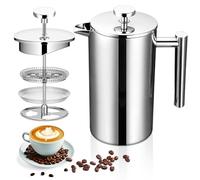 Druuzyl Cafetera French Press de Acero Inoxidable 1000ml Prensa de Café Aislada de Doble Pared Prensa de Café con Sistema de Filtración de 3 Niveles Cafetera Filtro para Casa Oficina y Viajar
