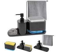 Druuzyl Jabonera de Cocina Negro con Bandeja - Organizador de Fregadero, Soporte para Esponja y Detergente Recargable, Incluye Dispensador de Bomba de Jabón y Porta Esponjas, Accesorios para Lavabo