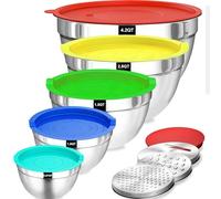Druuzyl Set de 5 Cuencos Mezcladores de Acero Inoxidable con Tapas - 4.5L/2.7L/1.6L/1.1L/0.7L - Incluye 3 Accesorios para Moler, Apilables y Aptos para Lavavajillas