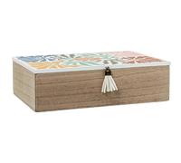 DRW Caja de Madera Rectangular Decorada con Flores en Verde, Amarillo y Blanco 24x16x7 cm