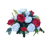 DRW Centro de Flores Artificiales Cementerio, Santos, Aniversarios Redondo Rosas Blancas y Rojas 45 cm diámetro x 35 cm Alto