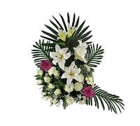 DRW Centro de Flores Artificiales para Cementerio Blanco Iglesias Bodas Centro de Flores para los Santos con liliums, capullos y claveles Blancos y gerberas Blancas 100x100x50 cm (Fucsia)