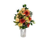 DRW Centro de Flores Artificiales para Cementerio Iglesias Bodas Centro de Flores para los Santos Rojo Naranja y Amarillo 65X40 cm Jarron para Introducir en los jarrones de nicho o Sepultura