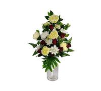 DRW Centro de Flores Artificiales para Cementerio Iglesias Bodas Centro de Flores para los Santos Rojo Blanco y Beige 65X40 cm Jarron para Introducir en los jarrones de nicho o Sepultura