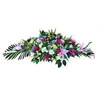 DRW Centro de Flores Artificiales para Cementerio Rosa y Malva Morado Iglesias Bodas Centro de Flores para los Santos con liliums, Rosas, orquideas Rosa, Malva y Morado (Centro Plano 120x45x35 cm)