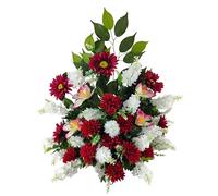 DRW Centro de Flores Artificiales Rojo y Blanco para Cementerio, Bodas, Iglesias con gerberas, Lilas y orquideas 65x60x28 cm