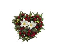 DRW Corazon de Flores Artificiales Blanco y Rojo para Cementerio, Bodas, igleasias, con liliums Blancos crisantemos 58x53x12 cm