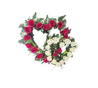 DRW Corazon Doble de Rosas Blancas y Rojas Centro de Flores Artificiales Cementerio, Iglesia Bodas sepulturas 60x50x12
