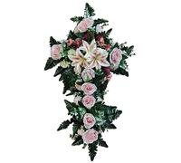 DRW Cruz de Flores Artificiales Rosa con Rosas para Cementerio, Santos, Iglesias, anviersarios 95x52x15 cm cm