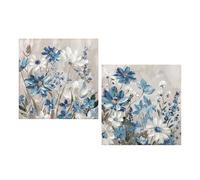 DRW Cuadro Lienzo con Flores Pintado a Mano en Blanco. Azul y Verde 40x3.5x40cm