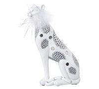 DRW Figura de un Leopardo con Pluma Artificial de Resina en Blanco y Plateado 16x8x25cm