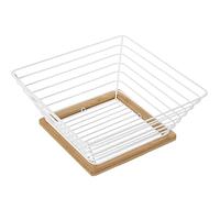 DRW Frutero Cuadrado de Metal y Madera en Blanco y Natural 25x25x10cm, Rejilla 15x15cm