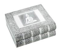 DRW Joyero de metal con forma de libro con espejo y decoracion buda en plateado de estilo hindu 23x19x9cm