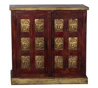 DRW Mueble de Entrada con 2 Puertas con budas Dorados en Rojo y Natural 90x40x90cm