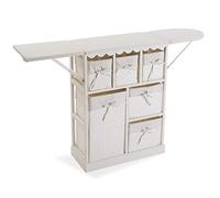 DRW Mueble planchador Grande con alas abatibles y cestos de Mimbre Blanco 130.5x30.5x86.5 cm