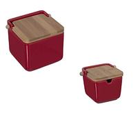 DRW Original cerámica Cuadrado con Tapa bambú 12x12x12 cm (Pack salero y azucarero Rojo)