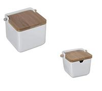 DRW Original cerámica Cuadrado con Tapa Madera 12x12x12 cm (Pack salero y azucarero Blanco)