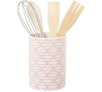 DRW Portautensilios de cerámica con Utensilios en Blanco y Rojo 11x23cm