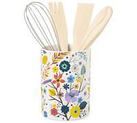 DRW Portautensilios de cerámica con Utensilios Flores 11x23cm