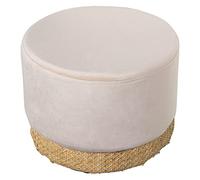 DRW Puff Redondo de Terciopelo Crema con Base de Mimbre Calado en Natural 35x27cm