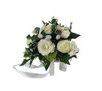 DRW Ramo de Novia Beige y Blanco con peonias, Camelias y eucalipto Ramo Artificial Bouquet Novia Beis 28x32Ø cm