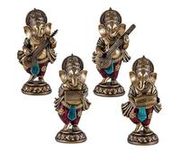 DRW Set 4 Figuras Ganesha Tocando Instrumentos de Resina Pintado a Mano 20 cm