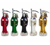 DRW Set 5 Santa Muerte Negra - Blanca - Dorada - Roja - Verde de Resina Pintada a Mano con Cajas de Regalo 20 cm