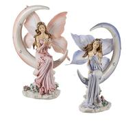 DRW Set de 2 Hadas sentadas en una Luna Rosa y Morada con Vestido Largo de Resina pintadas a Mano 17x8x24 cm