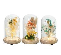 DRW Set de 3 fanales de Cristal con Base de Madera y Flores Artificiales en Tonos Naturales y Suaves 12x12x17,5