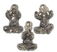 DRW Set de 3 Figuras de budas con túnicas de Resina en Plateado y Negro 16,5x11x20cm