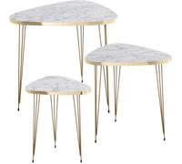 DRW Set de 3 mesas auxiliares de Madera y Metal en Dorado y Blanco Efecto marmol 55x48x53, 45x40x49 y 35x31x45cm