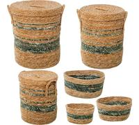 DRW Set de 6 cestos con Tapa de Hierba de mar Natural y Verde ø42x48+ø37x43+ø32x38+33x23x16 cm