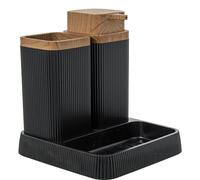 DRW Set de baño con dosificador, Vaso y jabonera en acrilico Negro y Natural 15x15x16 cm