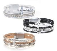 DRXRD 3 pulseras de cuero para mujer, bohemias, rústicas, multicapa, con cierre de cuentas, apilables, con diamantes de imitación para mujer, muñeca delgada, Talla única, No es una piedra preciosa