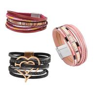 DRXRD 3 pulseras de cuero para mujeres y hombres, pulsera de corazón en capas con cuentas de cierre, apilables, pulsera de diamantes de imitación para mujer, muñeca delgada, Talla única, No es una