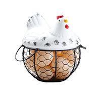 DRYEN Cesta de almacenamiento de huevos, cesta de huevos de gallina con capacidad para 15-20 huevos, cesta de almacenamiento de huevos de pollo con tapa de cerámica, estante de hierro con asas