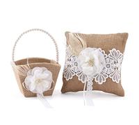 DRYEN Juego de 2 fundas de almohada para niña de flores y anillos de boda, decoración rústica de encaje de arpillera, cesta de flores de arpillera y anillo de lazo