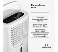 Klarstein DryFy 10L deshumidificador - 240w, 10l/día, depósito de 1,8l, 42dB silencioso, modo secado, temporizador 24h, deshumificadores de humedad, deshumidificador eléctrico, Blanco