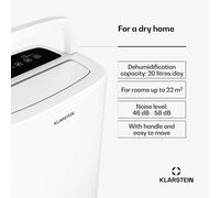 Klarstein DryFy 20L deshumidificador - 400w, 20l/día, depósito de 5l, 46dB silencioso, modo secado ropa, auto-swing, timer 24h, deshumificadores de humedad, deshumidificador eléctrico, blanco