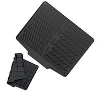 Drying Mat, Kitchen Counter Mat, Silicone Non-Slip, Foldable with Space-Saving Protector, Drainer Tray for Sink, Utensils, Pots, Pans, 15.35x12.6x5.87 inches, Black and Gray