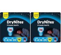 DryNites Huggies Calzoncillos absorbentes para niño 3-5 (16-23 kg), Clínicamente probado con 5 capas de protección nocturna, 16 pañales de noche (Paquete de 2)