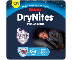 DryNites Huggies Calzoncillos absorbentes para niño 3-5 (16-23 kg), Clínicamente probado con 5 capas de protección nocturna, 16 pañales de noche