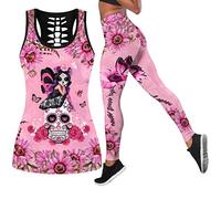 DRZHEAM Conjunto de 2 piezas de ropa casual de calaveras impresas en 3D, sin mangas, para yoga, leggings y pantalones de deporte (XL, Pink)