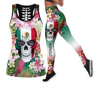DRZHEAM Conjunto de 2 piezas de ropa casual de calaveras impresas en 3D, sin mangas, para yoga, leggings y pantalones de deporte (S, Red&green)