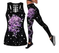 DRZHEAM Conjunto de 2 piezas de yoga con calavera de azúcar para mujer, camiseta sin mangas de primavera, leggings, ropa deportiva para niñas, Calavera 02, Large