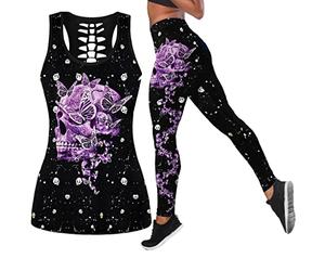 DRZHEAM Conjunto de 2 piezas de yoga con calavera de azúcar para mujer, camisetas sin mangas de otoño, leggings, ropa deportiva para niñas, Calavera 02, XXL